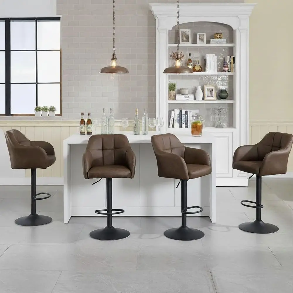 

Set of 4 Swivel Leather Bar Stools with Armrests, Upholstered Counter Chairs for Kitchen Island/Home Bar/Dining Room, Brown