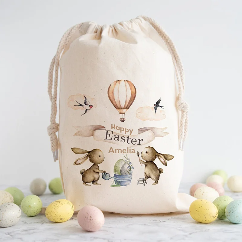 Personalised custom Bunny rabbit bag happy Easter party rustic decoration Egg Hunt basket children kid boy girl gift Sack Bucket