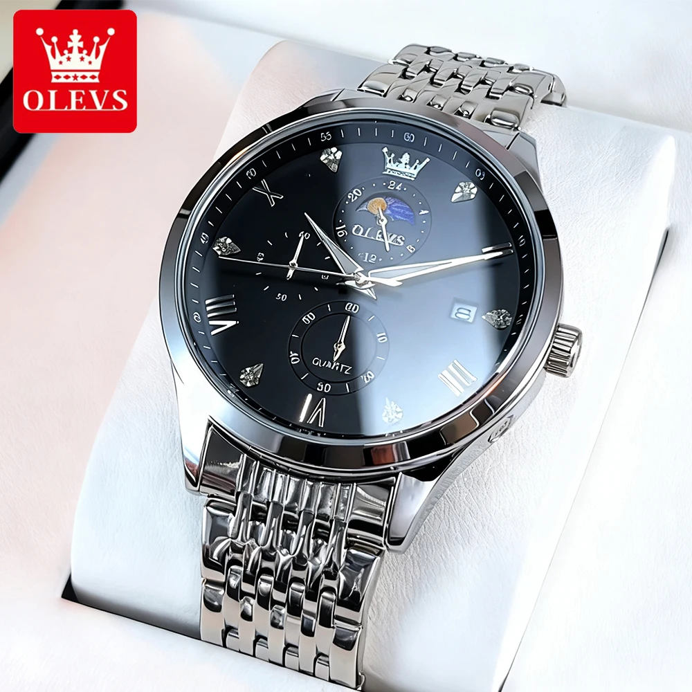 

OLEVS Men's Watches Luxury Casual Top Brand Fine Steel Original Quartz Wristwatch for Man Waterproof Moon Phase Date Daily Dress