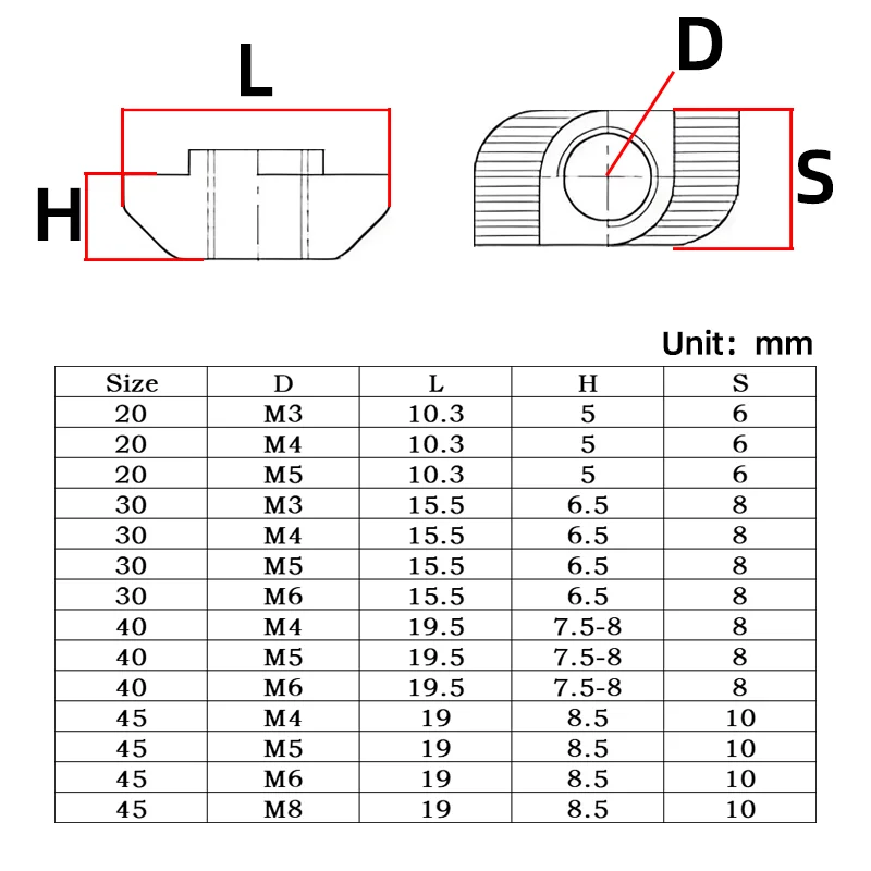 50pcs/Lot  M3 M4 M5 for 20 30 40 45 Slot T-nut Sliding T Nuts Hammer Drop In Nut Fasten Connector EU Aluminum Extrusion Profile