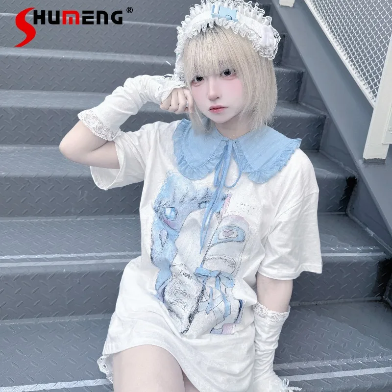 

2026 Summer New Japanese Rojita Original Watercolor Print T-shirt Pullover Y2k Clothes Kawaii Short-sleeves Crew Neck Top Tshirt