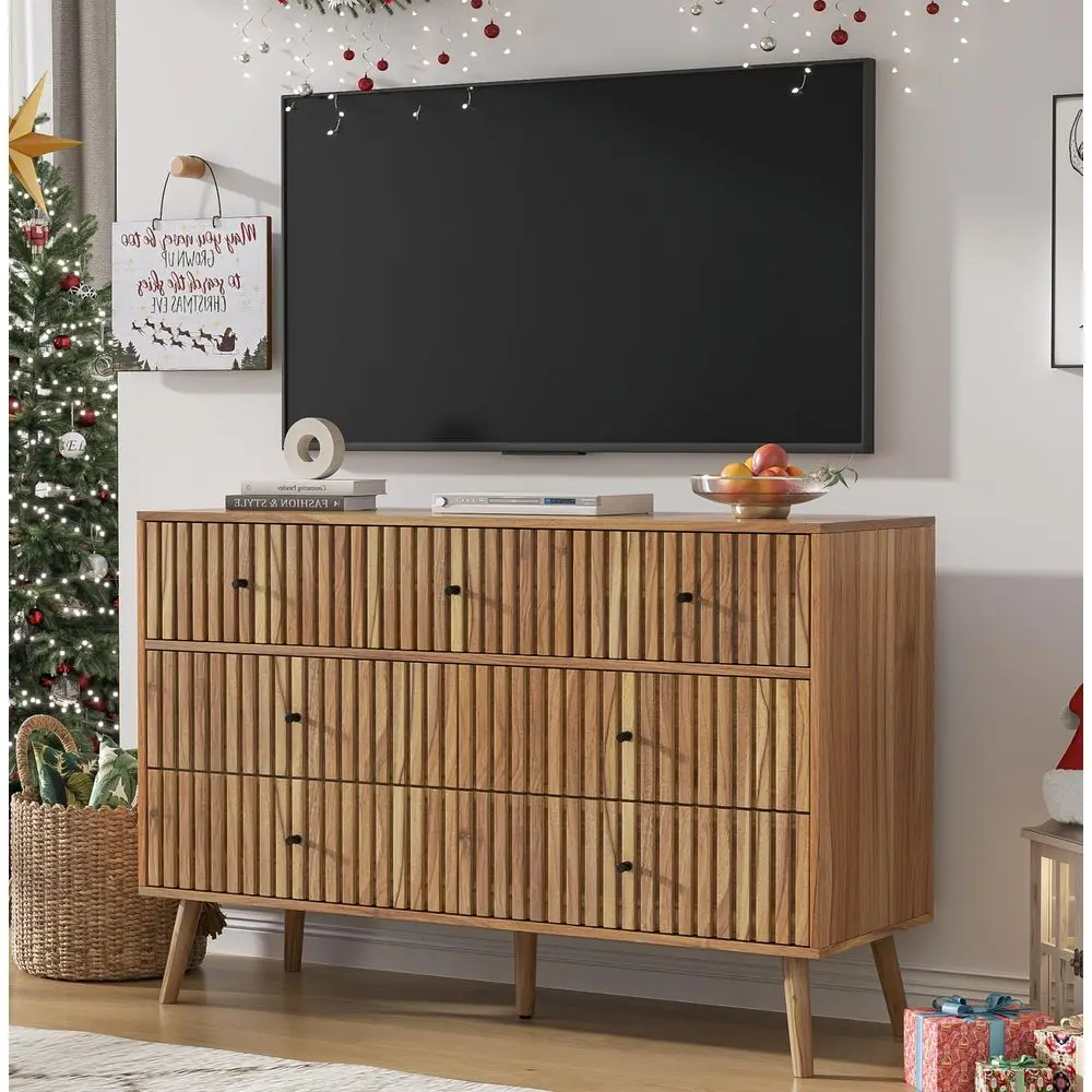 Wide 7 Drawers Dresser for Bedroom, Mid Century Modern Chest of Drawers with Sturdy Legs, Wooden Fluted Dresser for Living Room,