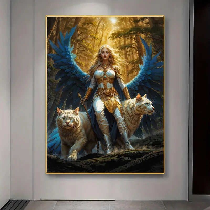 Arte en lienzo de diosa Freya moderna sin marco, pintura en lienzo de gatos blancos, pintura de fantasía azul y dorada vibrante para vivir, 1 ud.