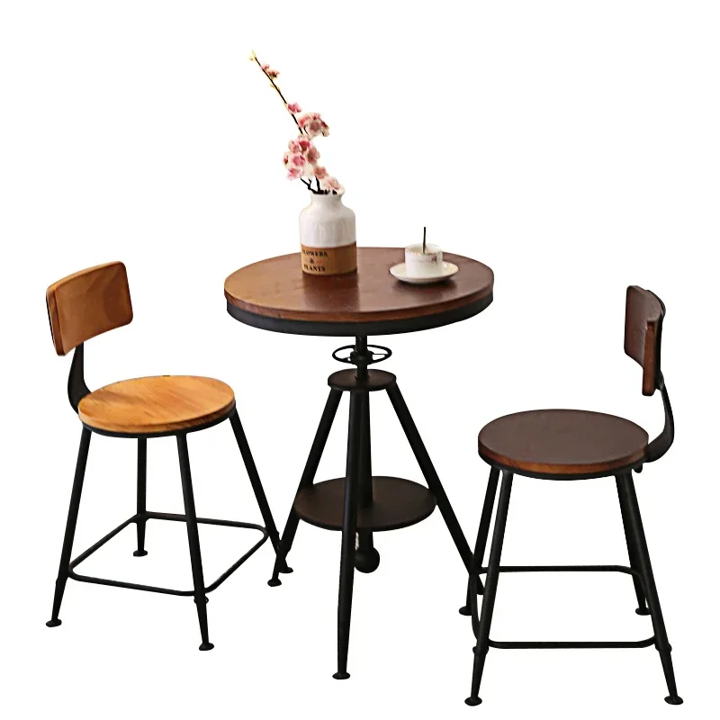 

Modern simple wrought iron solid wood table and chair set of three round lifting dining table tea shop coffee shop balcony small