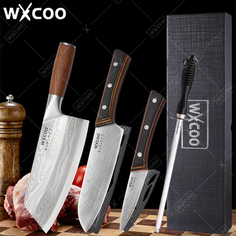 WXCOO Stainless Steel Japanese Knife 7Inch Kitchen Knife Ergonomic Wood Handle Santoku Knives for Cooking Kitchen Accessories