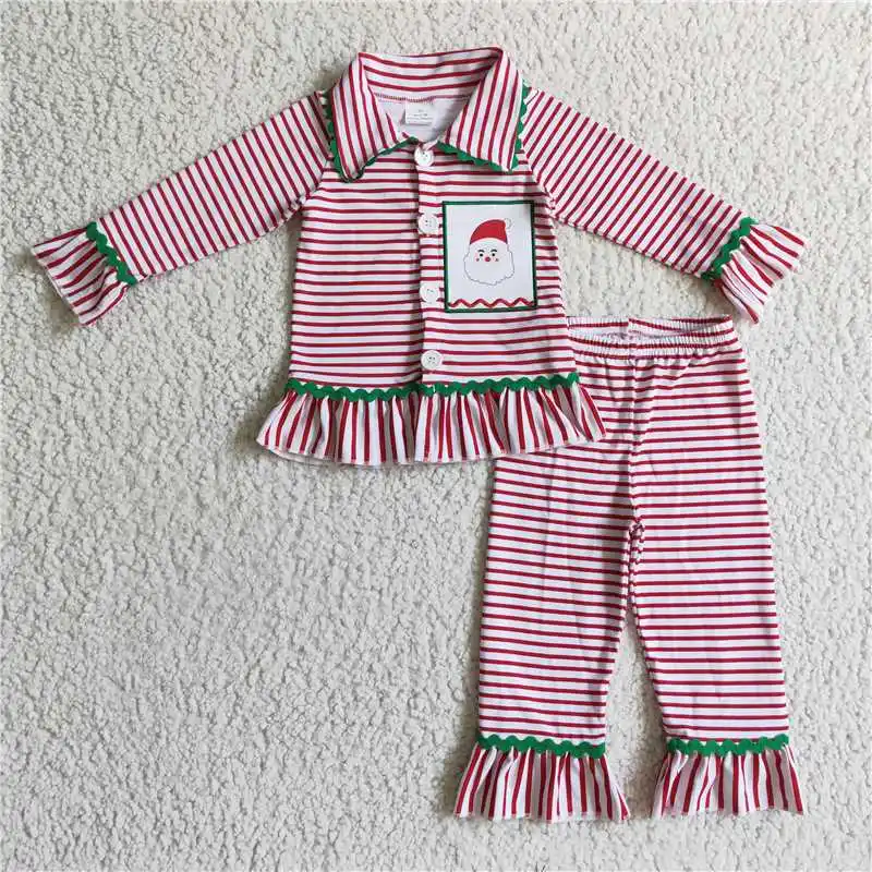 Fashion Baby Girls Embroidery Star Christmas Tree Red And White Plaid Lace Long Sleeve Pants Set Wholesale Children Clothes RTS