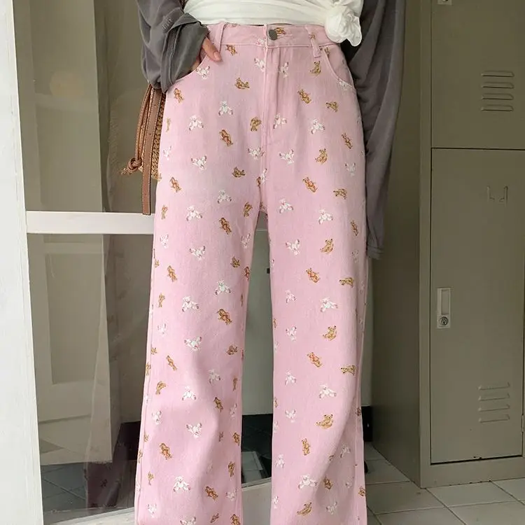 

Women Korean Style Cute Bear Print Denim Pants Pink Slim Straight Wide Leg Casual Streetwear Long Trousers