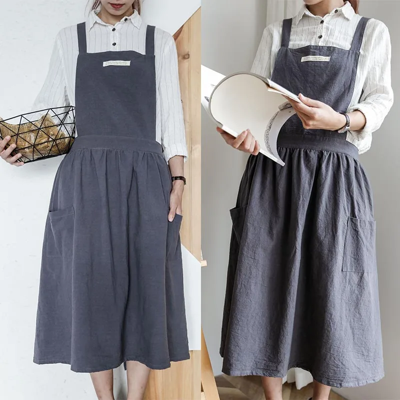 Solid Color Ruffled Cotton Linen Apron with Pockets Women's Pleated Cross-back Kitchen Aprons For Painting Cooking Baking Smock