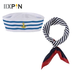 Women Business Wear Stewardess Striped Satin Small Square Scarf with Carnival Striped Navy Sailor Cap Party Captain Police Hat