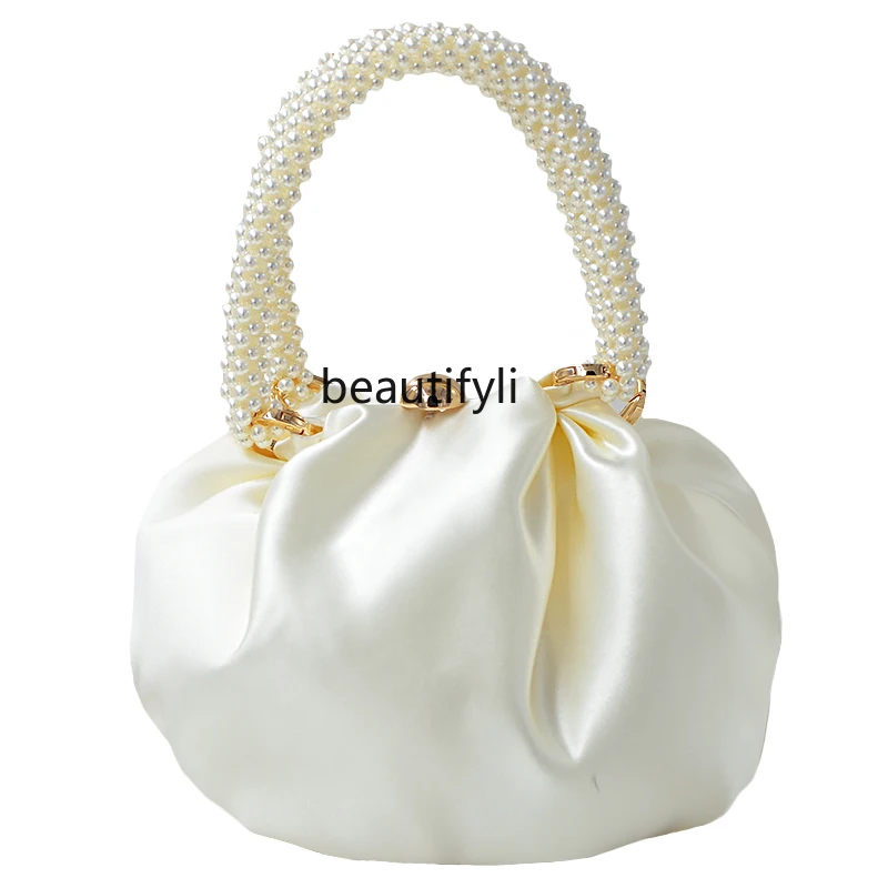 

Silk satin pearl handle niche design exquisite retro elegant handbag
