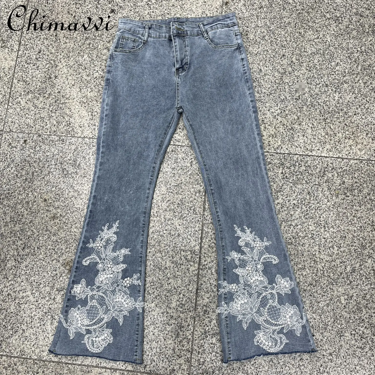 

French Elegant Retro Light Blue Jeans Heavy Industry Embroidery Beads High Waist Casual Flare Denim Trousers Women 2026 Summer