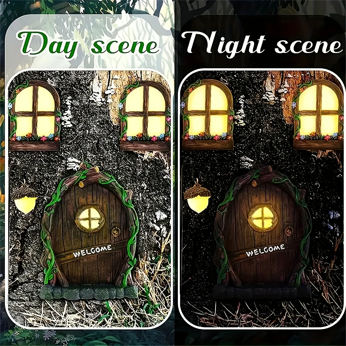 4-PCS Garden 3D Miniature Doors and Windows, Outdoor Garden Fairy Tale Scene Arrangement, Garden Tree Decoration Small Doors and