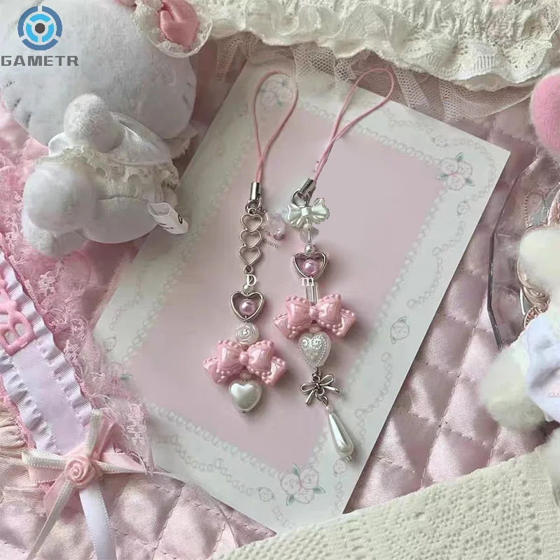 Y2K Pink Bowknot Heart Beaded Keychain Sweet Cute Mobile Phone Lanyard Fresh All-match Bag Pendant Purse Hanging Decoration