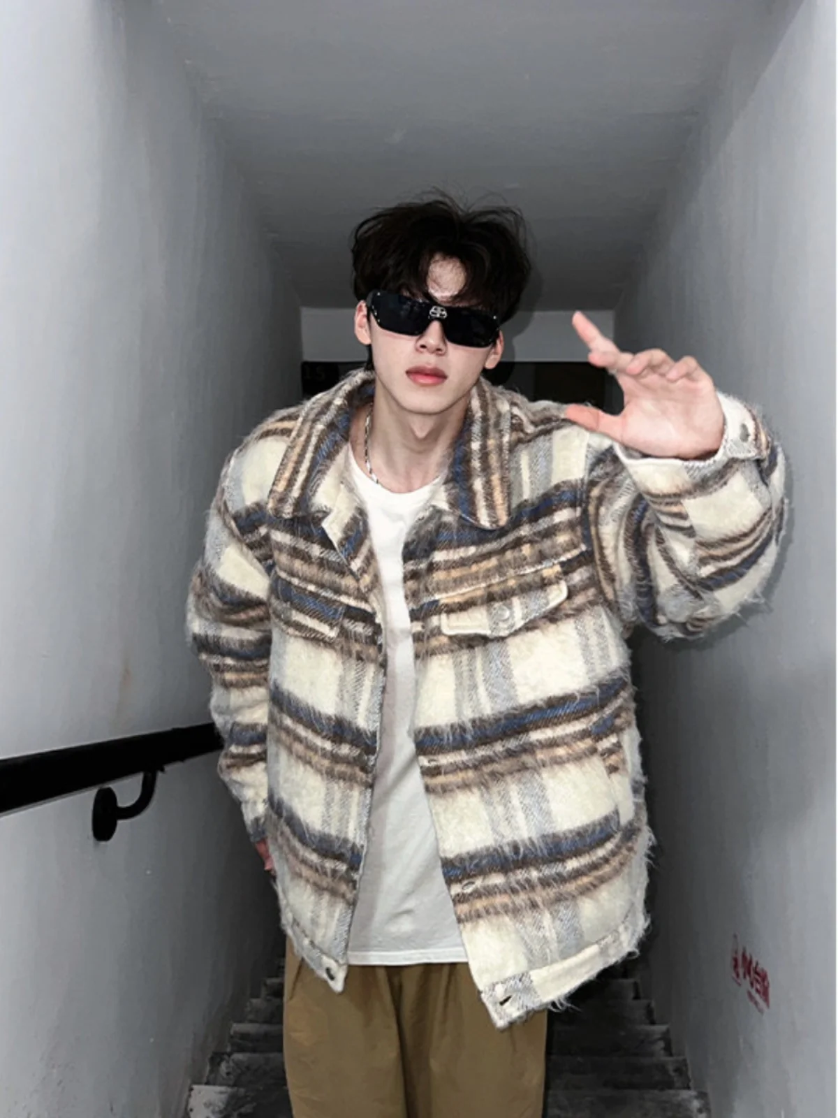 

Thiened Plaid Woolen Coat Men's Spring Autumn Sle Classy ort Coat American Retro Couple Jaet Loose Fit Iron Free