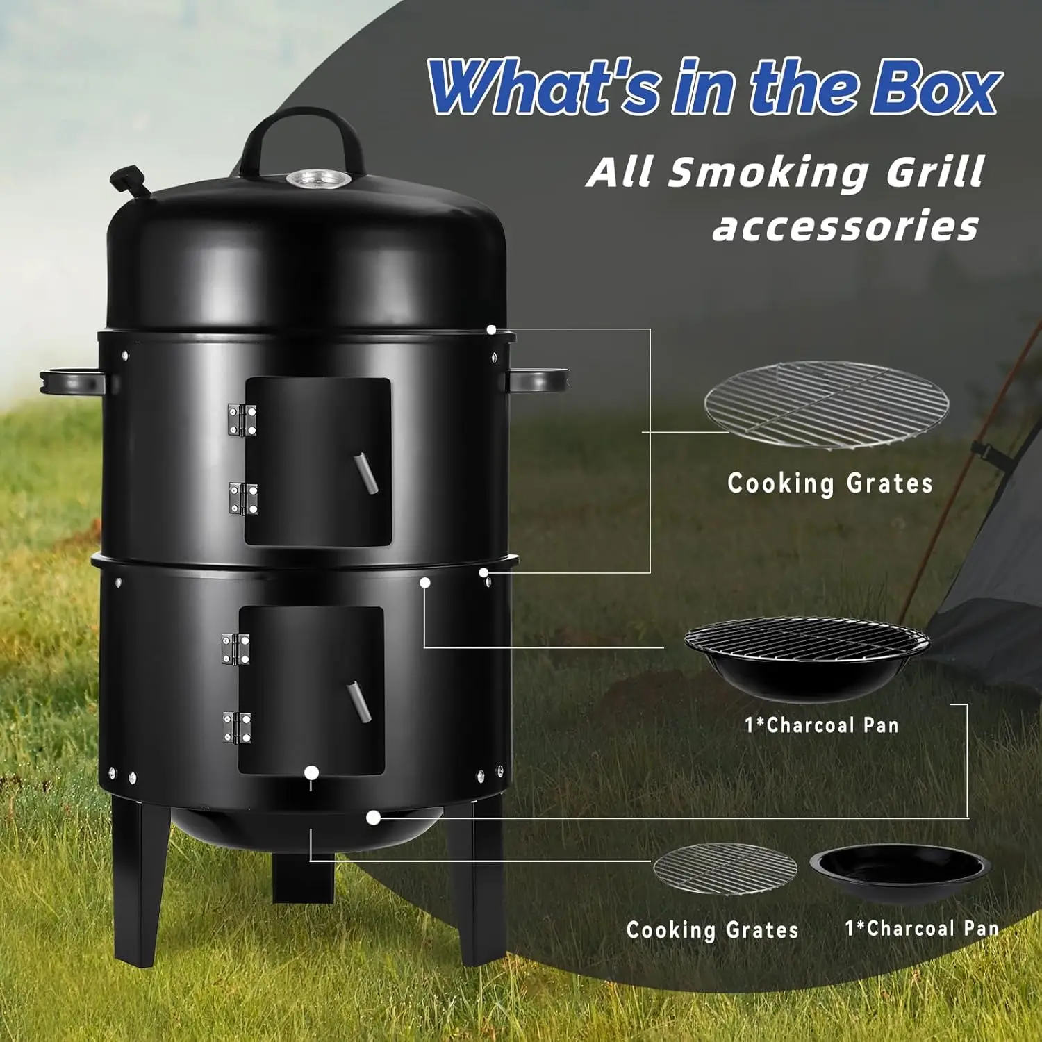 شواية فحم مقاس 16.5 بوصة مع ميزان حرارة، مدخن عمودي محمول 3 في 1، أسود #5