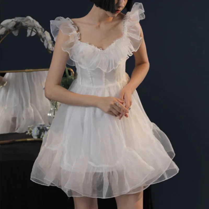 

2024 Summer Kawaii Fairy Dress Women Vintage Elegant Sweet Strap Mini Dresses Backless Ruffle White Mesh Cute Lolita Dresses