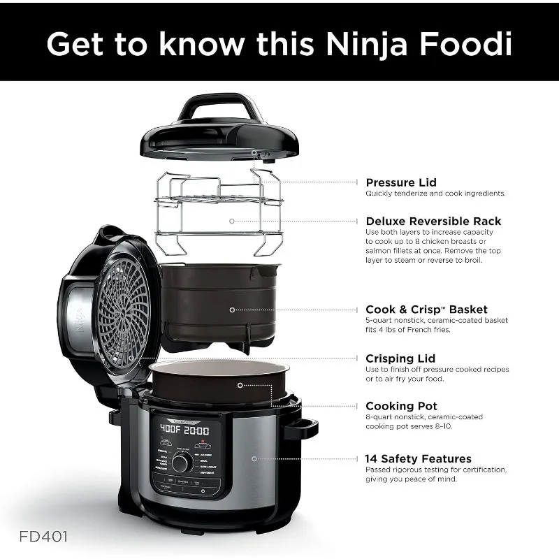 Ninja FD401 LP3 Foodi 12-en-1 Deluxe XL 8 qt Autocuiseur et friteuse à air qui cuit à la vapeur, mijoteuse, épis, sautillant, décolle