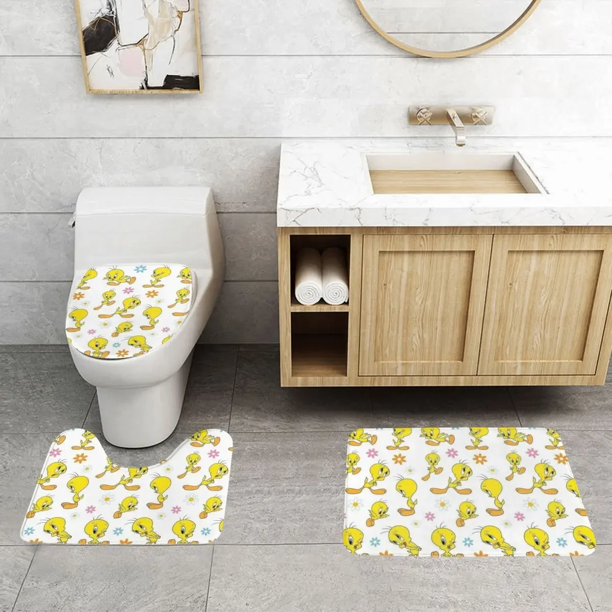 Custom Tweetys Cartoon Animation Yellow Bird Bathroom Rugs Set 3 Piece Non-Slip Toilet Bath Mat Sets