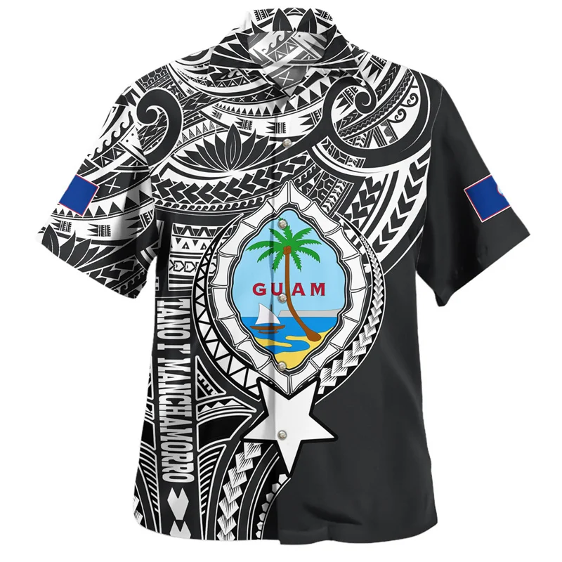 Guam Hawaiian Shirt For Men Fashion Polynesia Hibiscus Flower Oversized Shirts Summer Beach Blouse Button Lapel Short Sleeves