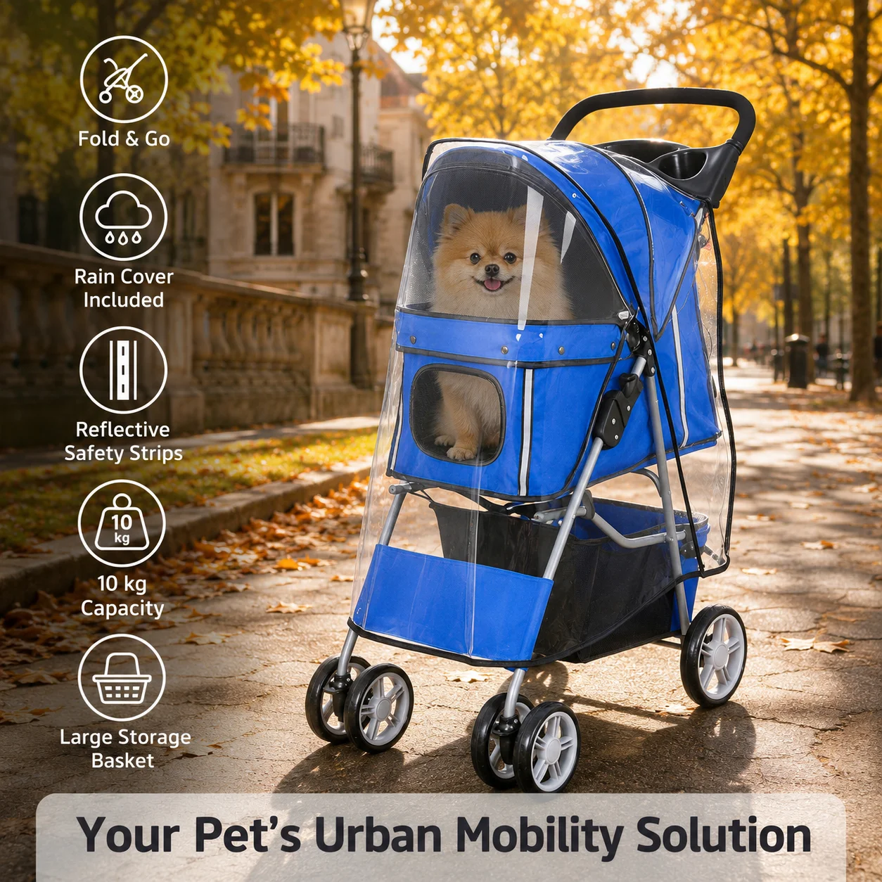 Poussette pour chien, chariot pliable pour animaux de compagnie pour petits chiens jusqu'à 10 kg, avec housse de pluie, bandes réfléchissantes, panier de rangement, 77x44x102 cm, bleu