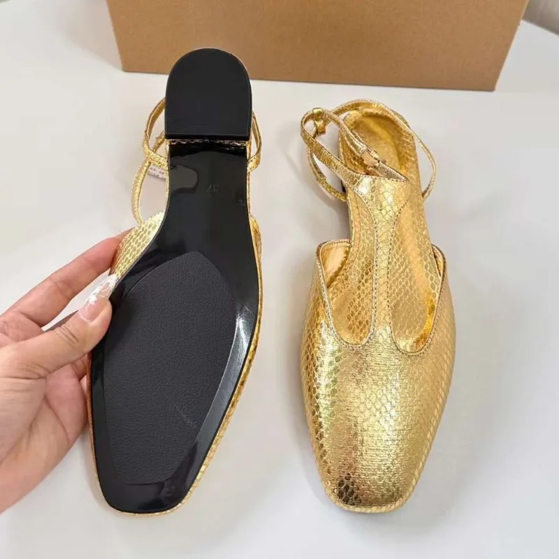 2025 Spring Women Slingback Flats Designer Buckle Ankle Strap Fashion Gold Black Large Size Comfortable Ladies Mary Jane Shoes
