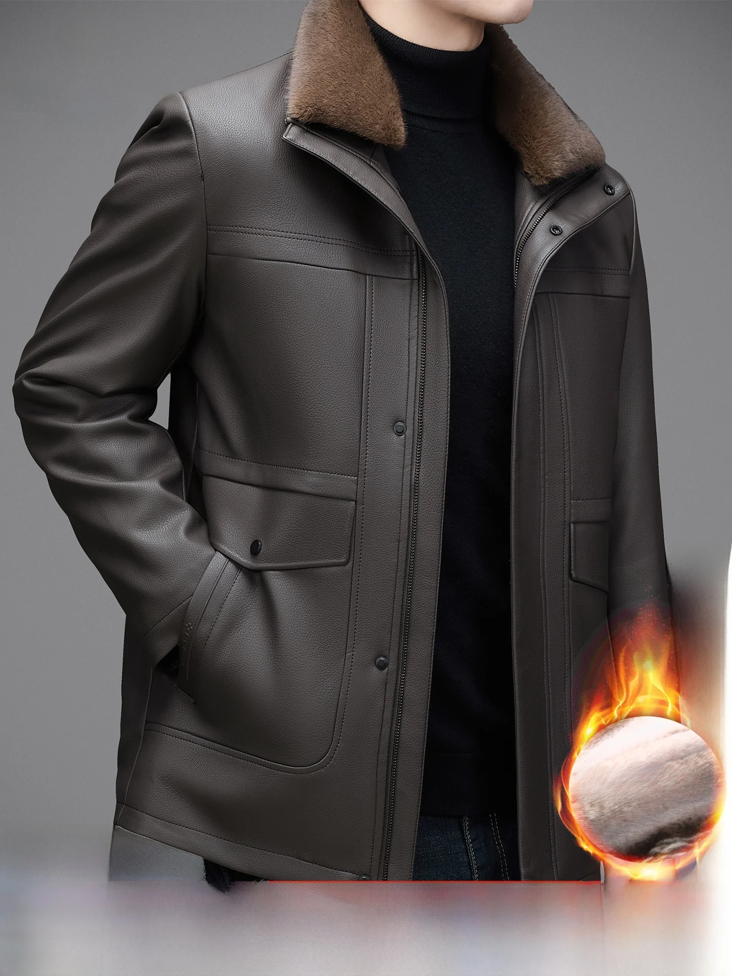 

Pierre Cardin 2026 Men's Faux Fur Lined Warmth Leather Jaet Collared Mid-Year Dad Sle Outerwear Profional Care Recomme...