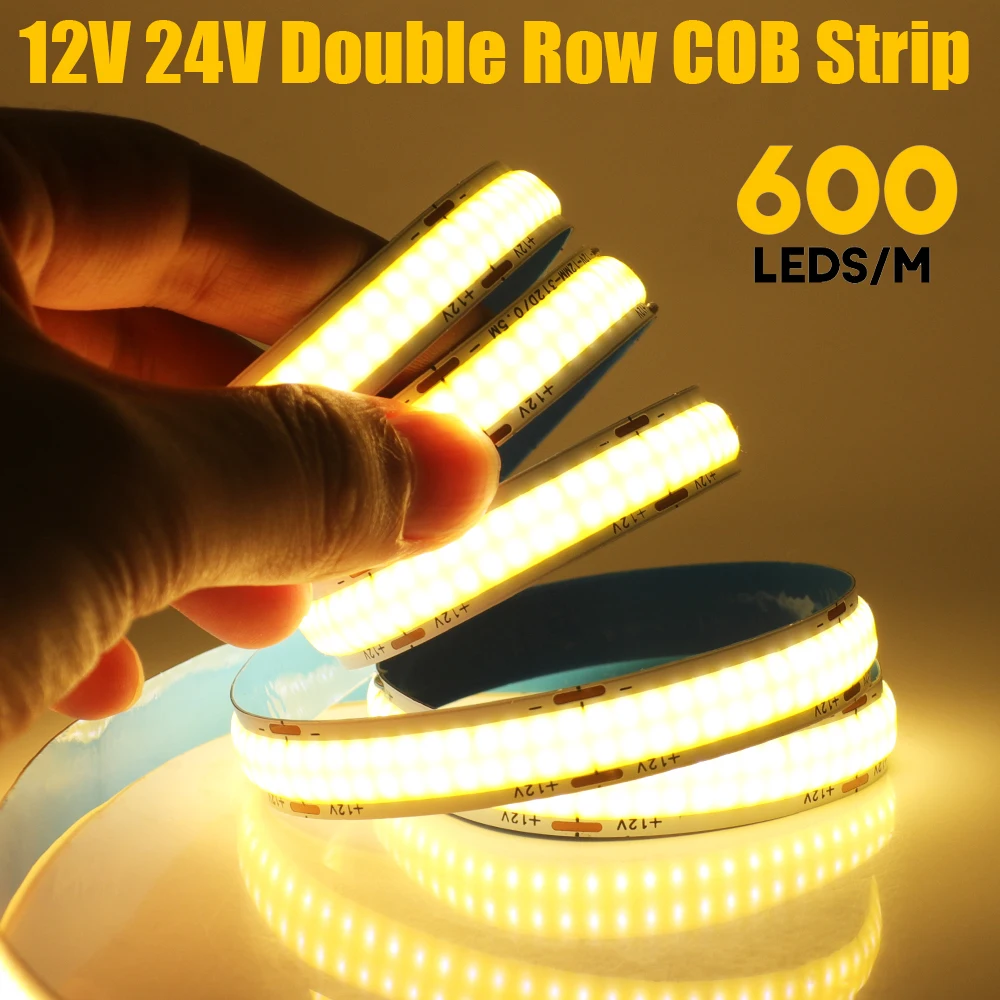 12V 24V Super Bright Double Row COB LED Strip 600 LEDs/m Flexible Led Tape RA90 Led Lighting 3000K 4000K 6500K for Home Decor