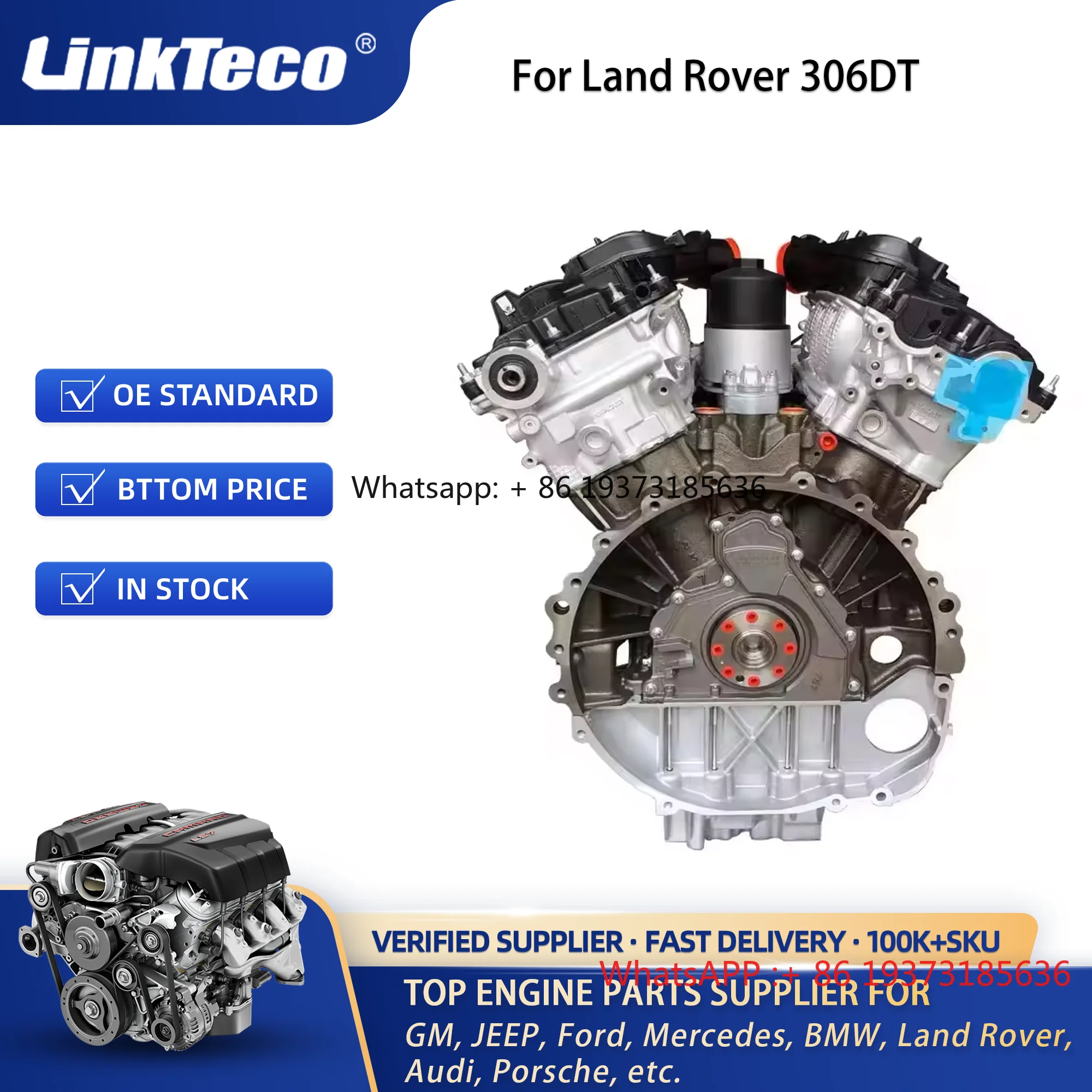 Linkteco Motore Lungo Blocco Cilindri Montaggio per Land Rover Range Rover 306DT 3.0L V6 Motore Auto Diesel LR069659 Ricambi Auto