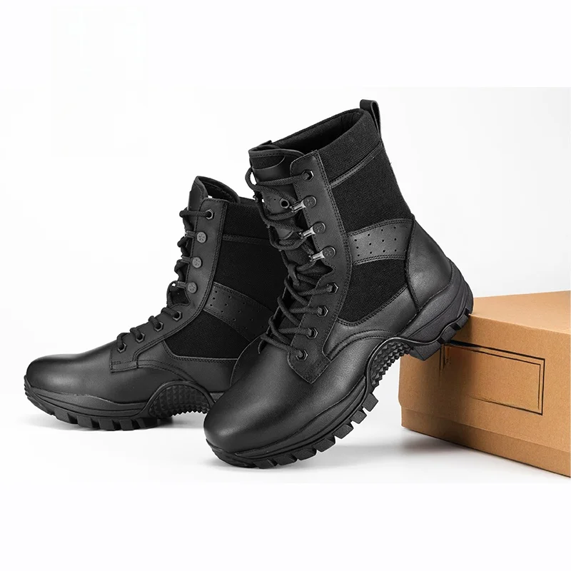 

Black Combat Training Boots Carbon Plate Anti-Piercing Top Layer Cowhide Men Rubber Bottom No Zipper High-Tech Outdoor Gear