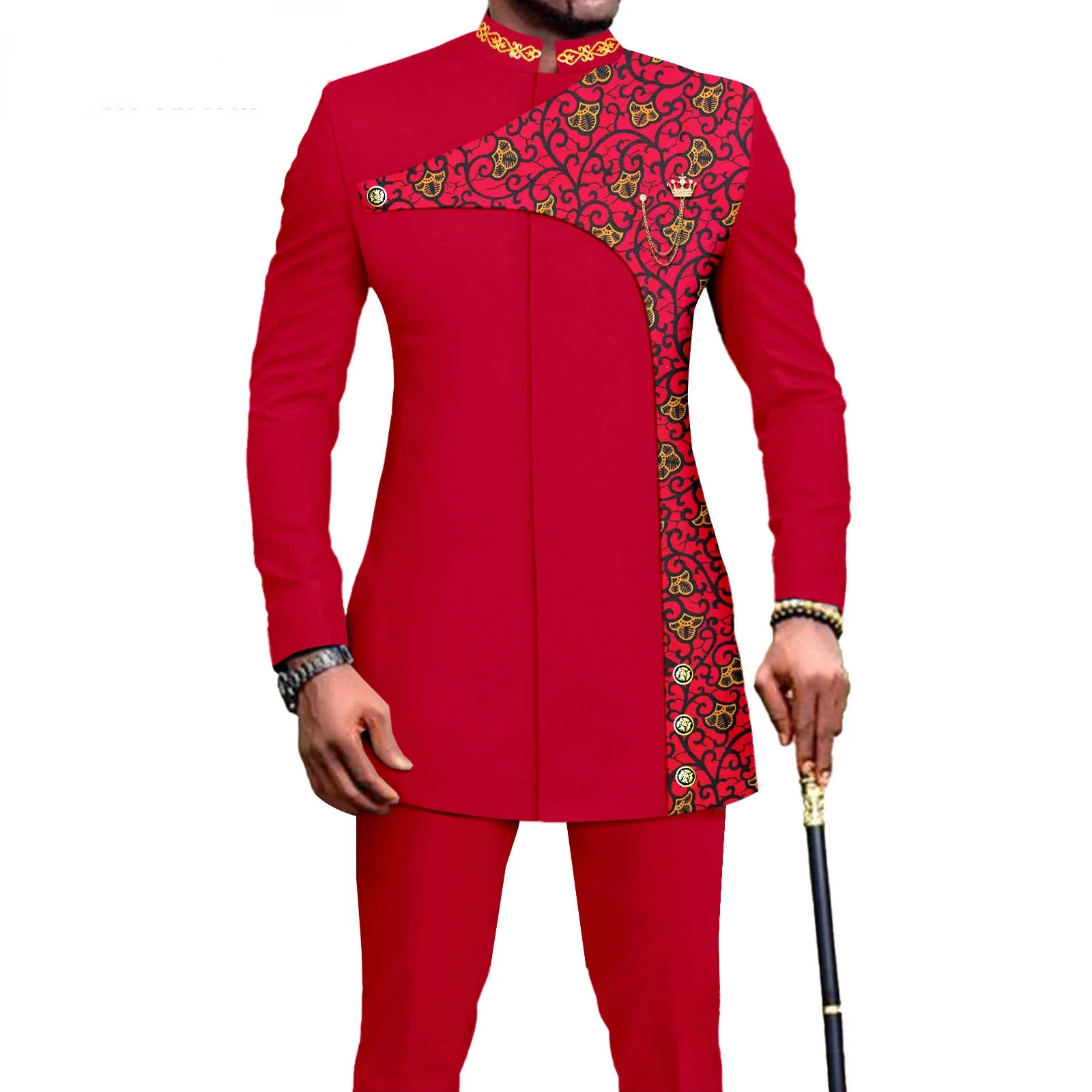 Bazin Riche African Traditional Clothing for Men Zip Shirts and Pants 2 Piece Set Formal Suit for Wedding Evening A2316036