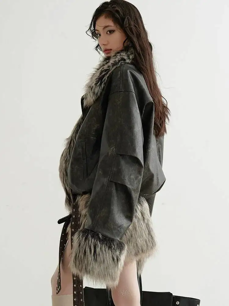 HUISONG Plaid Beide Seiten Tragen Leder Große Größe Faux Pelz Jacke Neue Revers Langarm Frauen Mantel Mode Herbst Winter 2025, mnt0n