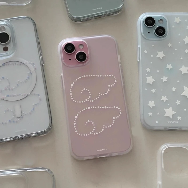 Ins Korean Lovely Stars Angel Wing Phone Case For iPhone 17 16 15 14 13 12 11 Pro MAX 16E MINI XR XS MAX 8 Plus Y2K Matte Cover