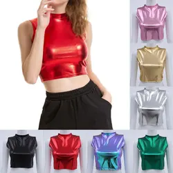 Red Gold Shiny Metallic Tank Tops Vest Sexy Slim Turtleneck Sleeveless Crop Tops Women Cropped Tops Rave Party Club Dance Wear