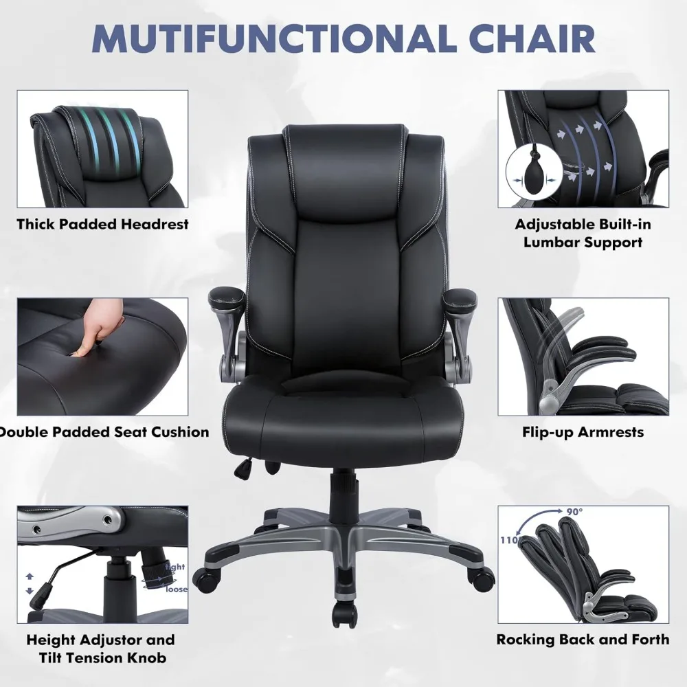 Silla de oficina ejecutiva de espalda alta, asiento ergonómico de cuero para escritorio de computadora en casa, bloqueo de inclinación ajustable, para estudio de trabajo para adultos, negro