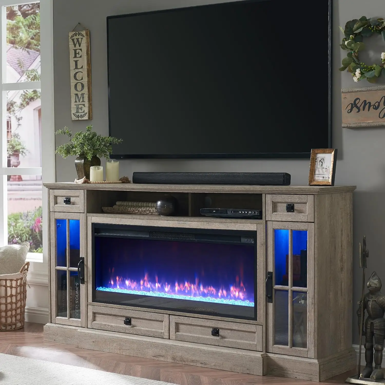 Fireplace TV Stand for 80 Inch TV, Farmhouse Entertainment Center with 42