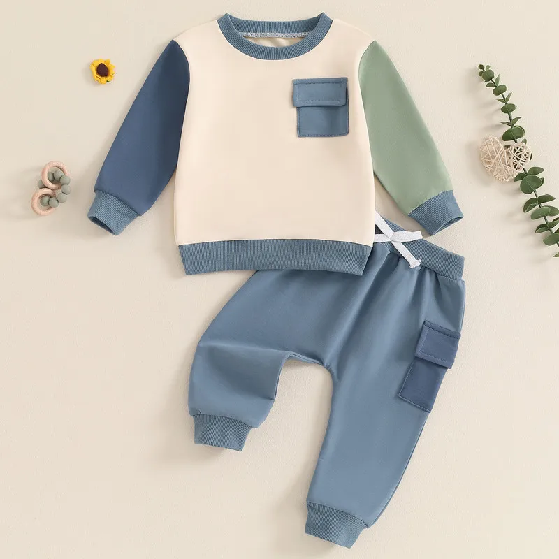 Set di pantaloni per neonato 2 pezzi vestiti autunnali manica lunga girocollo tasca con patta felpa e pantaloni Set abbigliamento per bambini