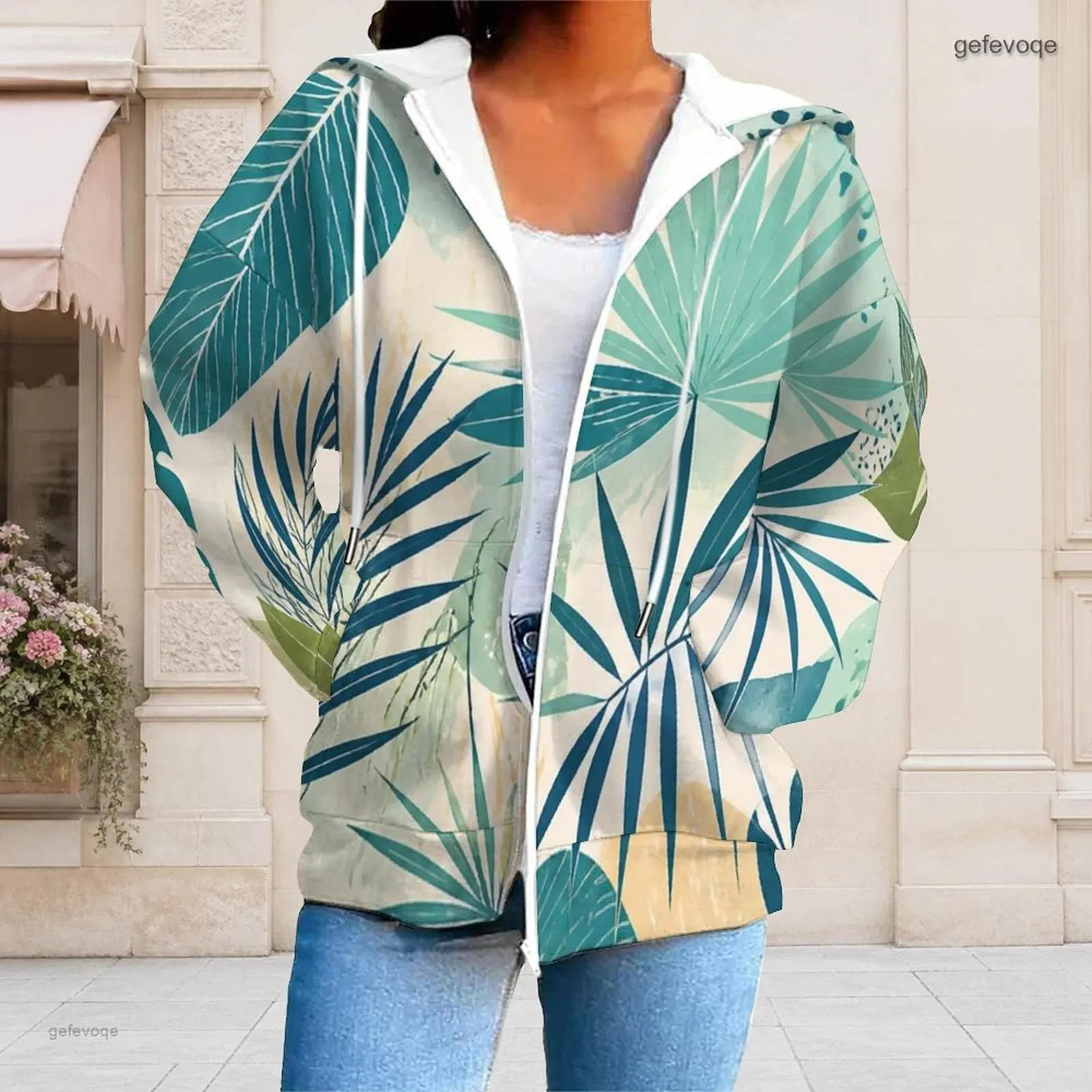 Women Tropical Leaf Printed Zip Up Long Sleeve Hoodie