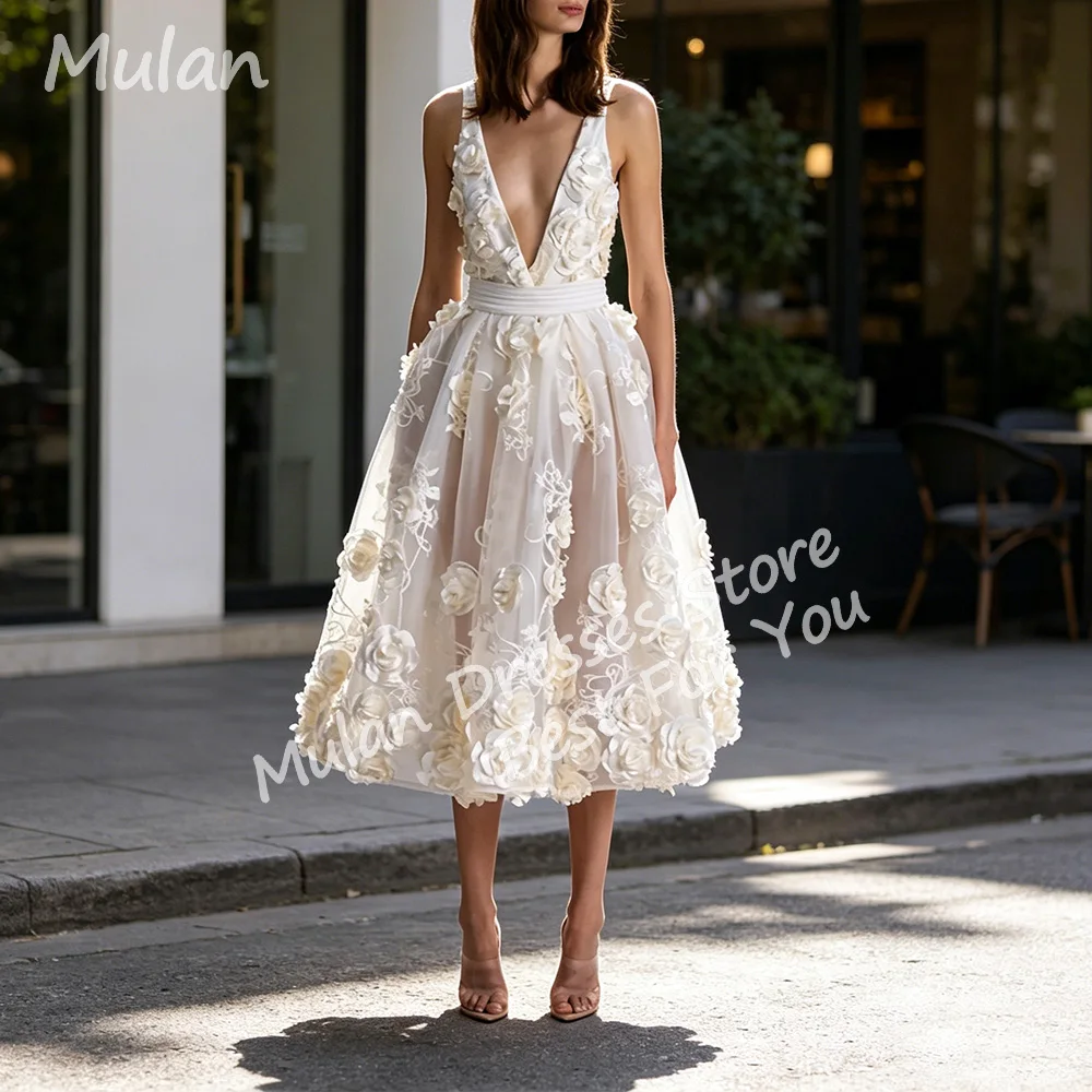 

Customized New In 3D Flowers Midi Evening Dresses for Women Tea-Length A-Line Special Events Prom Party Wedding Dress 2026