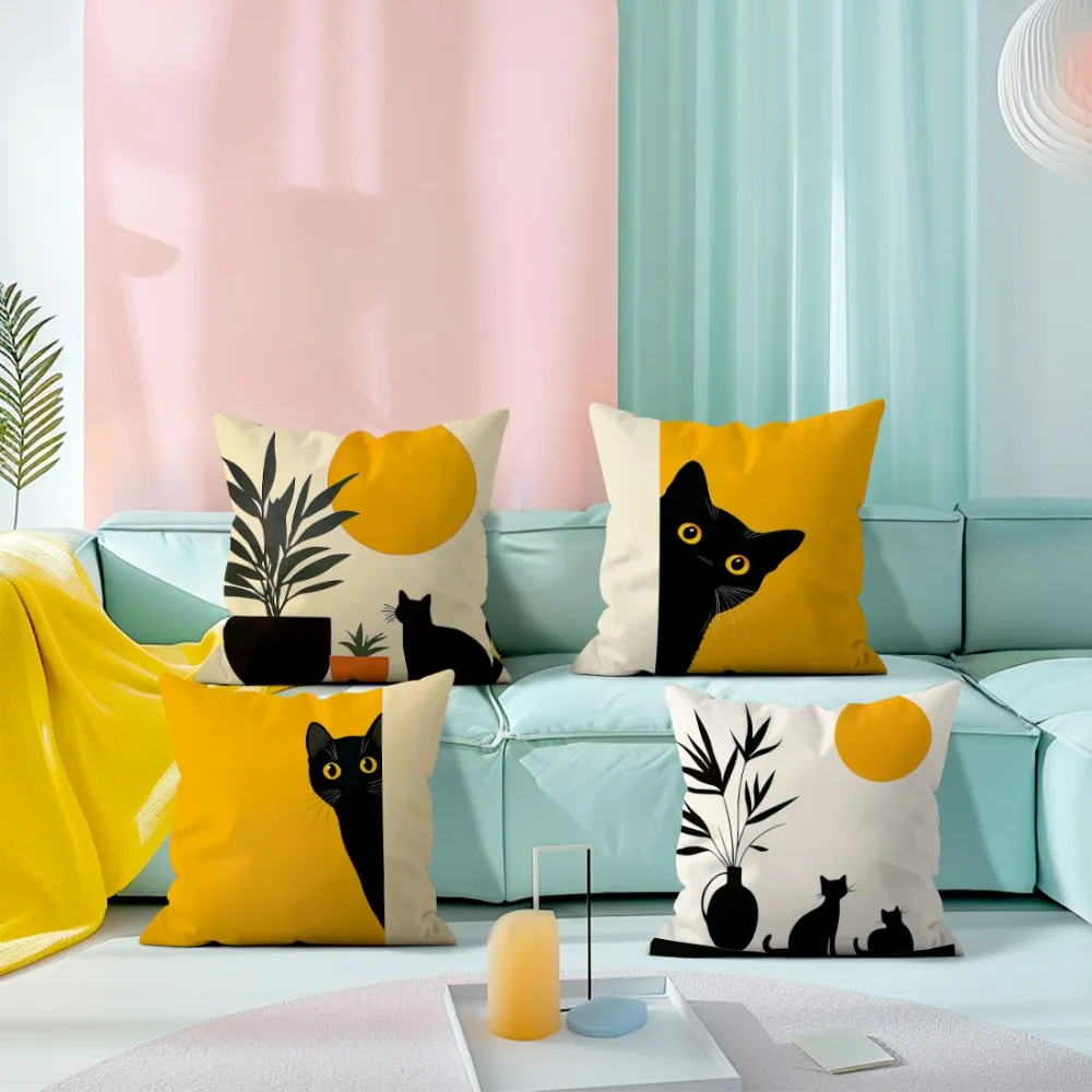 Black Cat Orange Minimalist Double-sided Printed pillow cover Short plush Suitable living rooms bedrooms throw cushion cover