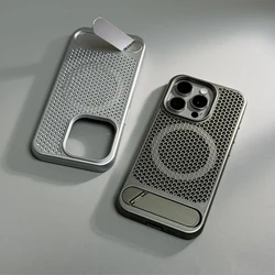 Folding Metal Stand Mesh Heat Cooling for MagSafe Phone Case For iPhone 16 17pro Max 14 15 Pro 13 12 Wireless Charging PC Cover
