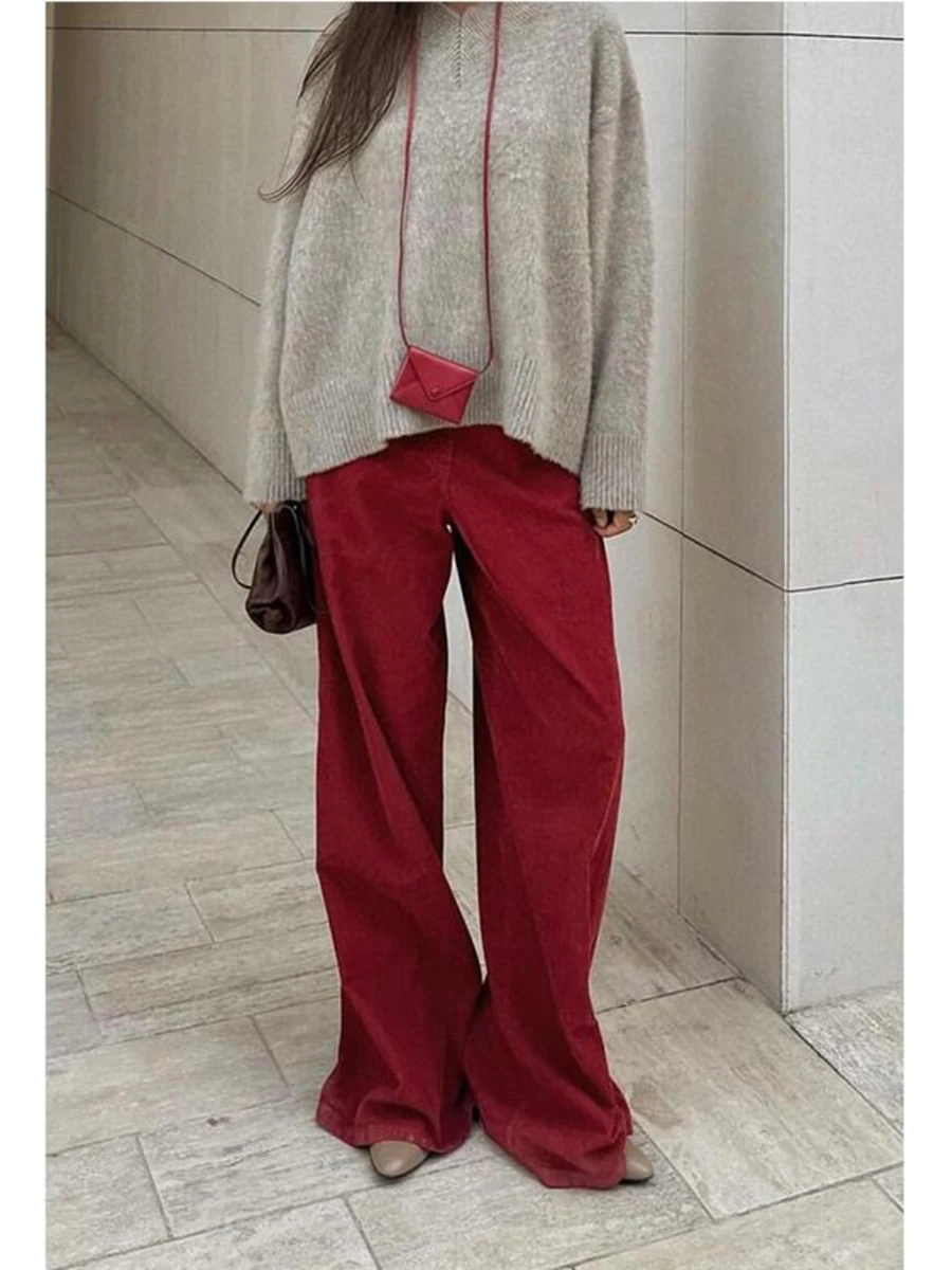 سراويل RORIRI باللون الأحمر الداكن المخملي للنساء بخصر عالٍ وواسعة الساق سراويل قصيرة فضفاضة للنساء ملابس الشارع سراويل طويلة سراويل شتوية