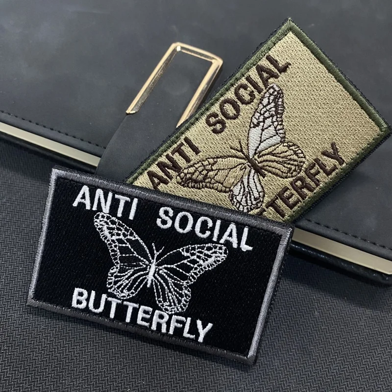 Anti Social Butterfly Embroidered Patches Hook&Loop Morale Badge Tactical Backpack Accessories Sticker Butterfly Military Patch