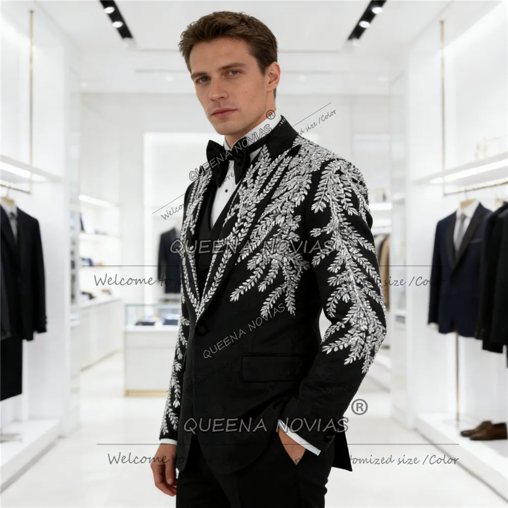 

Brilliant Jewelry Stones Suit Attire For Wedding 3 Piece Set Male Fashion Banquet Party Tuxeods Customized Groom Outfits Luxury