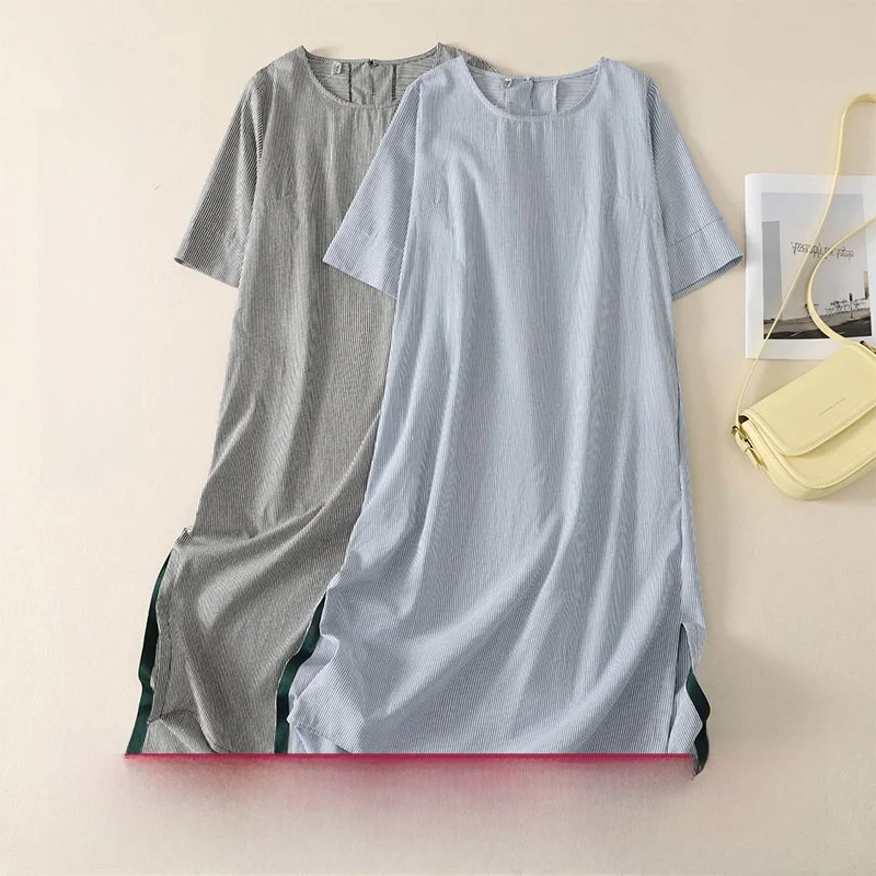 

Summer New Vintage Mid-Length A-Line Casual Striped Cotton Linen Dress round Neck Simple Color City Walk Loose Fit Dress