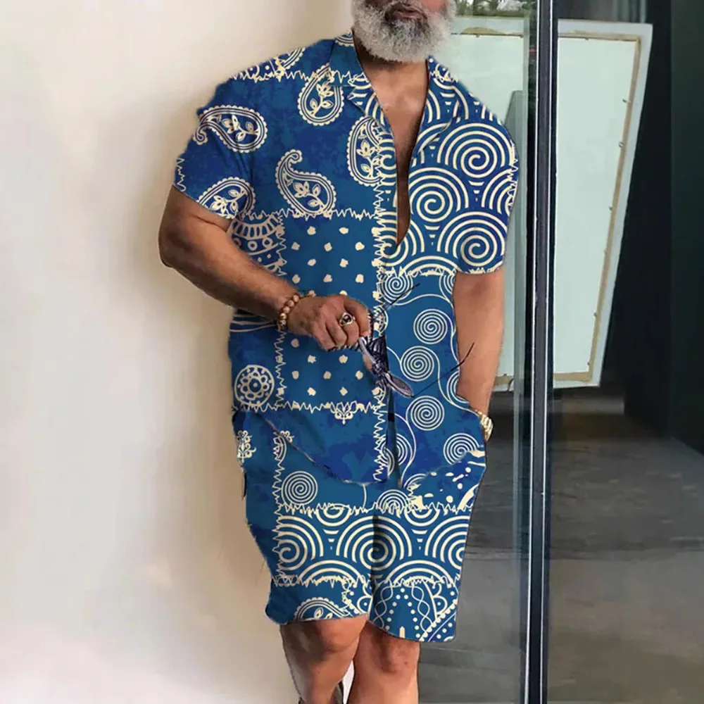 

Summer Men's casual suit New Baroque Luxury Men's Shirt Set Hawaii Short Sleeve Shirts +Casual Shorts Set Beach Party Clothes