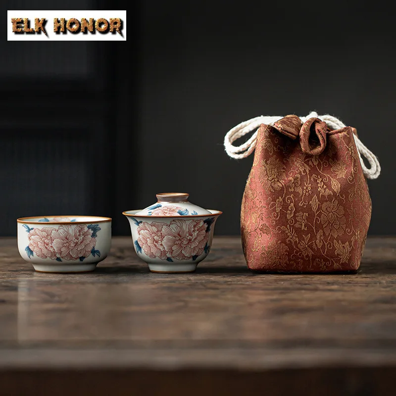 

Ru Kiln Porcelain Hibiscus Flower Travel Tea Set Kit Luxury 1 Pot 1 Cup Tea Making Organizer Portable Picnic Tote Bag Craft Gift