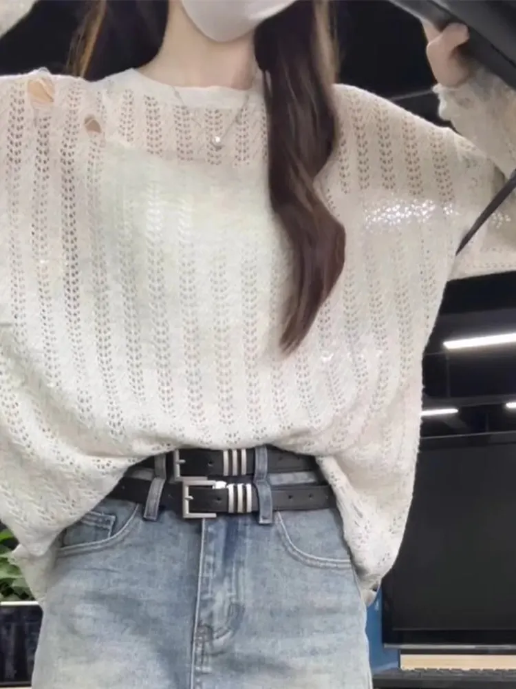 

Женский свободный вязаный солнцезащитный топ с вырезом, летняя тонкая верхняя одежда с кондиционером, удобная дышащая одежда