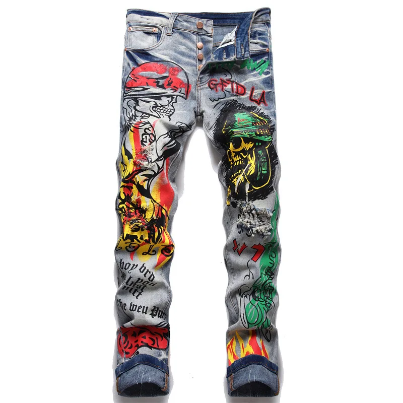 

Fashion stylish streetwear Punk calca rock motorcycle ripped letter Skull and bones printed mens slim jeans