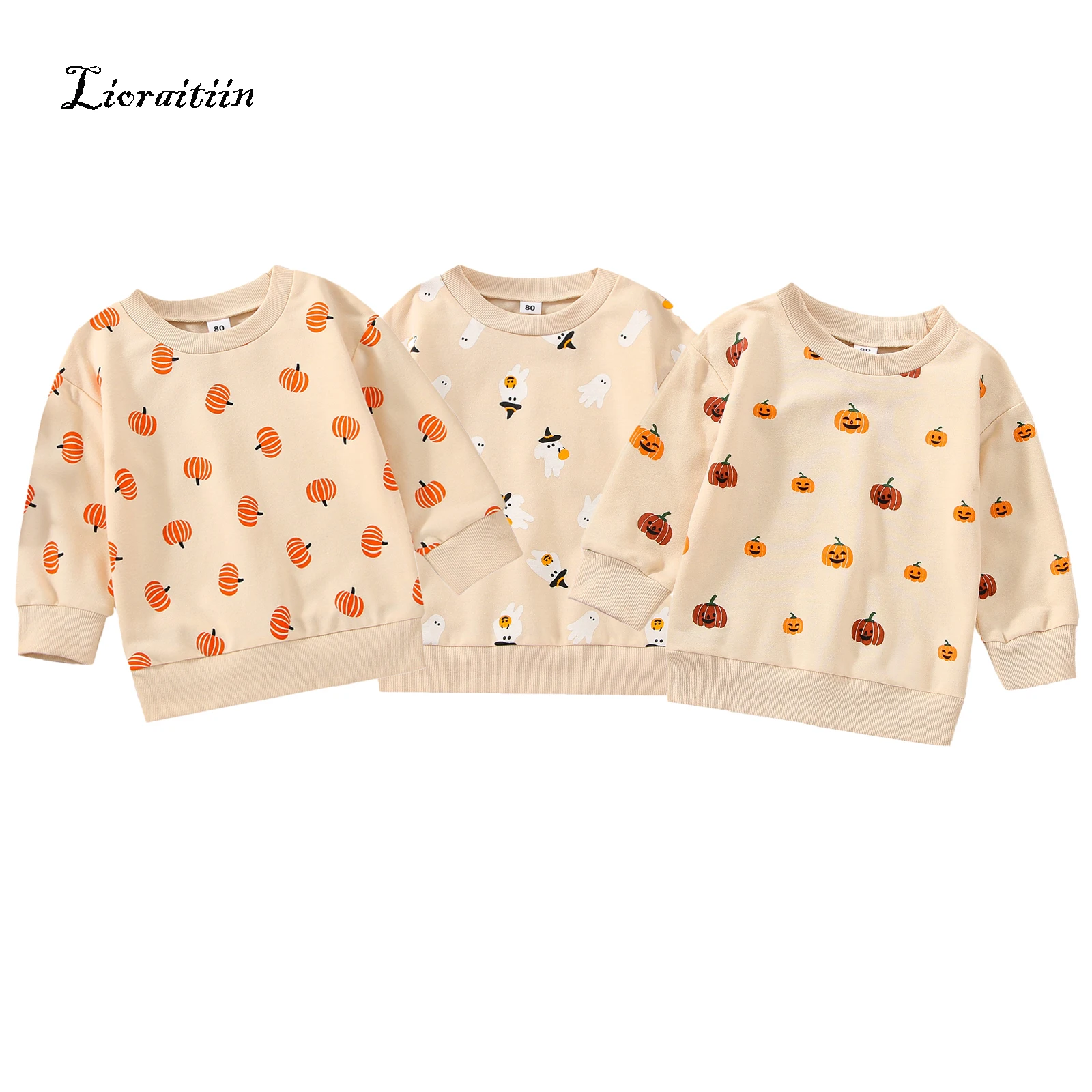 2022-08-18 Lioraitiin 0-6Years Toddler Baby Boy Girl Halloween Sweatshirt Long Sleeve Pumpkin Printed O-neck Top 3Styles