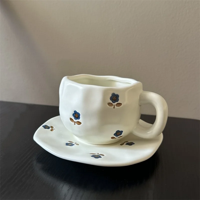 

Hand Painted Coffee Mug with Saucer Ceramic Handmade Tea Cup Saucer Set Lovely Gift Irregular Coffee Mug300ML
